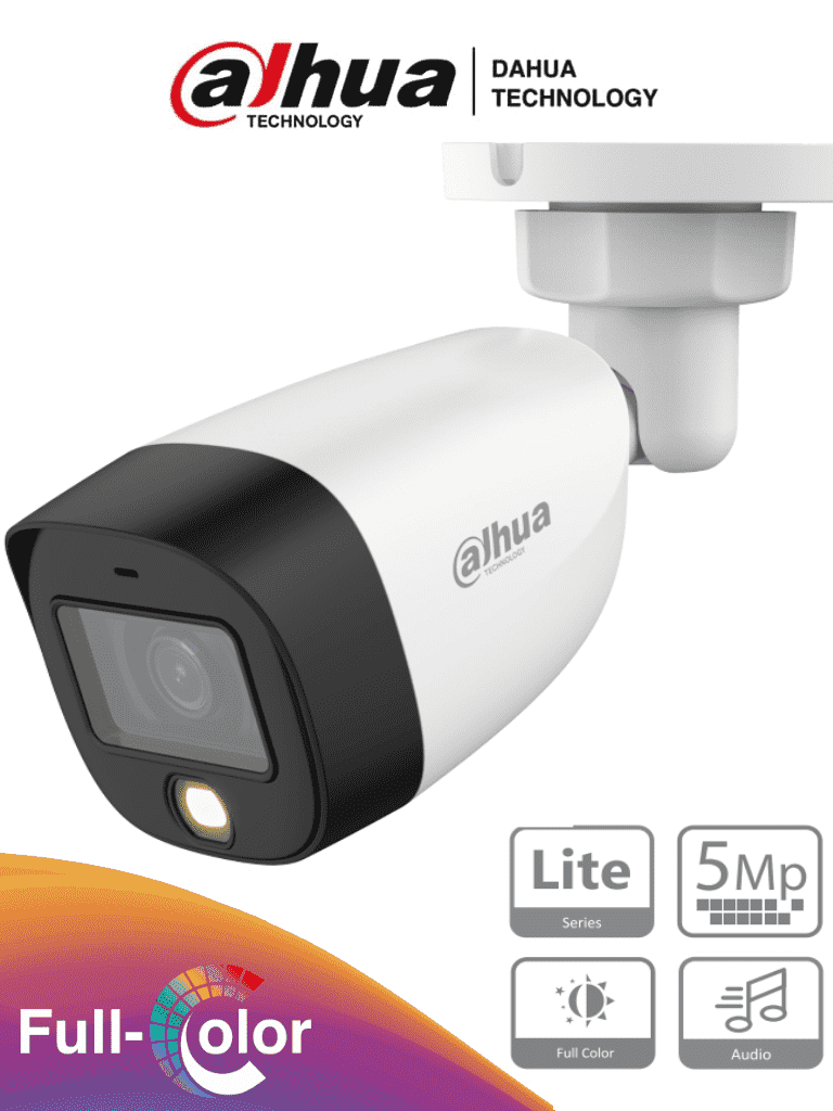 DAHUA HAC-HFW1509CN-A-LED - Cámara Bullet Full Color de 5 MP con lente de 2.8 mm y apertura de 112°. Incluye micrófono integrado, LEDs para visión nocturna hasta 20 metros, WDR de 120 dB y tecnología Starlight. Resistente al agua IP67 HDCVI9.0
