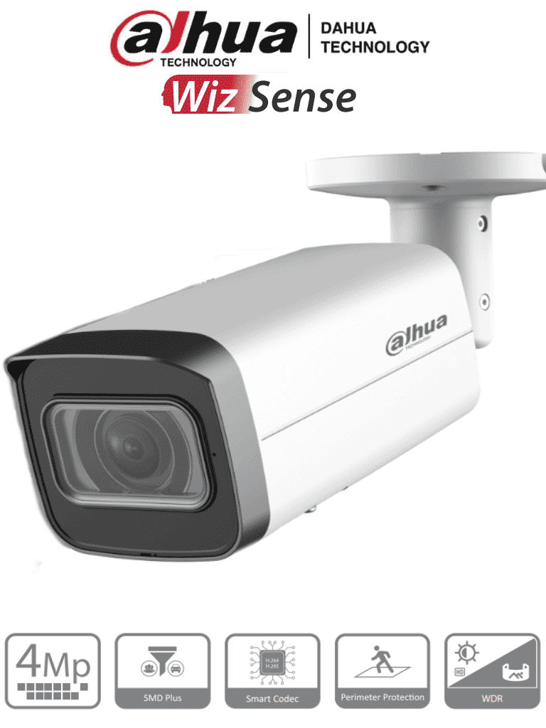 DAHUA IPC-HFW2441T-ZS - Camara IP Bullet de 4 Megapixeles/ Lente Motorizado de 2.7 a 13.5 mm/ WizSense/ IR de 60 Metros/ SMD Plus/ Protección Perimetral/ Ranura para MicroSD/ IP67/ Ik10/ D50 IMD