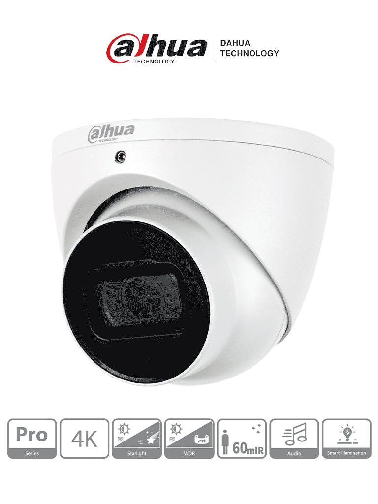 DAHUA HDW2802T-A -Cámara Domo EyeBall 4K Starlight de 8MP, lente de 2.8 mm, IR de 50m, WDR real 120 dB, IP67. Ideal para vigilancia en alta resolución con excelente rendimiento en condiciones de poca luz y protección robusta contra el clima MCI2 MCC