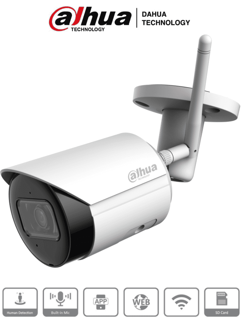 DAHUA IPC-HFW1430DS-SAW - Camara IP Bullet Wifi de 4 Megapixeles/ Lente de 2.8mm/ 90 Grados de Apertura/ H.265+/ IR de 30 Metros/ Microfono Integrado/ Ranura para MicroSD/ Metalica/ IP67/ DWDR/ Videoanaliticos con SMD/ MCI2 IPMC
