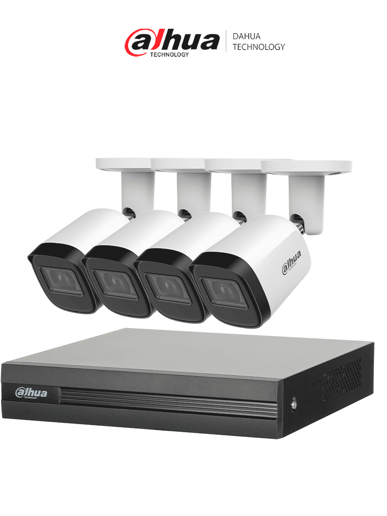 DAHUA KITXVR1B04H-I4B2A51-U - Kit de 4 Cámaras metálicas 5 MP Lente de 2.8mm y un DVR Cooper-I WizSense, 4 Canales + 1 IP o Hasta 5 Canales IP. Soporta Con IA, H.265+, SMD Plus y Búsqueda de Humanos y Vehículos.