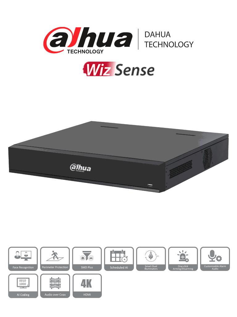 DAHUA DH-XVR7416L-4K-I3 - DVR de 16 Canales 4k/ WizSense/ H.265+/ IA/ 4 Bahías de Discos Duros/ +16 Canales IP/ 6 Canales con Reconocimiento Facial/ SMD Plus/ Codificación IA/ IoT&POS/ XVRPRO/ ProHDCVI