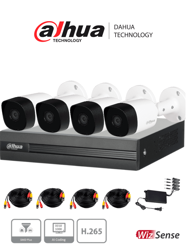 DAHUA KITXVR1B04H-I+4B2A51 -Kit de 4 Ch de 5 MP/ DVR Cooper-I WizSense/Con IA/ H.265+/4 Camaras B2A51 Metalicas/4 Ch + 1 IP o Hasta 5 Ch IP/ 4 Ch SMD Plus/Busqueda de Humanos y Vehiculos/Accesorios IncluidosDAHQ1M NuevoPrecio DMD DVMVolDH MCI2 DMD