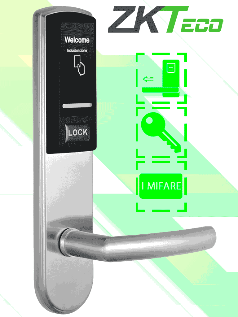 ZKTECO LH3000R - Cerradura Derecha para Hotel con Tecnología Mifare 13.56 MHz, Compatible con Puertas de 40 a 55 mm de Grosor, 2 Pestillos de Seguridad, Fabricada en Acero Inoxidable, Capacidad de Registro de 224 Eventos MCI2 ZMCIQ2