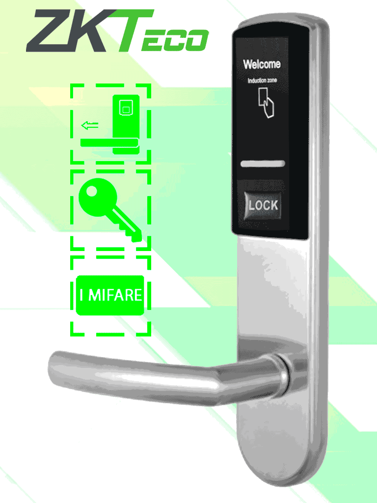 ZKTECO LH3000L - Cerradura Izquierda para Hotel con Tecnología Mifare 13.56 MHz, Compatible con Puertas de 40 a 55 mm de Grosor, 2 Pestillos de Seguridad, Fabricada en Acero Inoxidable, Capacidad de Registro de 224 Eventos MCI2 ZMCIQ2