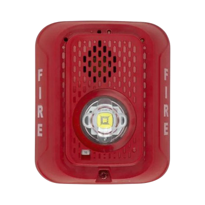 Sirena con Lámpara LED Estroboscópica / a 2 Hilos / Montaje en Pared / 24 Vcd / Configuración Estroboscópica Seleccionable / Texto en Inglés / Color Rojo