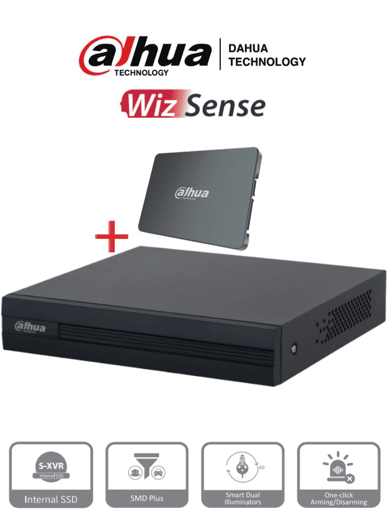 DAHUA XVR1B04-I-SSD - DVR de 4 canales 1080p Lite/ Con disco SSD de 512GB Especial para Videovigilancia/ S-XVR Series/ WizSense/ H.265+/ 4 canales con SMD Plus/ Búsqueda inteligente Humanos y vehículos/ S-XVR DVM MCI2 DMD