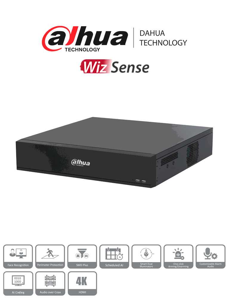 DAHUA DH-XVR7816S-4K-I3 -DVR de 16 Canales 4k/ WizSense/ H.265+/ 8 Bahías de Discos Duros/ +16 Canales IP/ 6 Canales con Reconocimiento Facial/ SMD Plus/ Codificación IA/ IoT & POS/ XVRPRO/