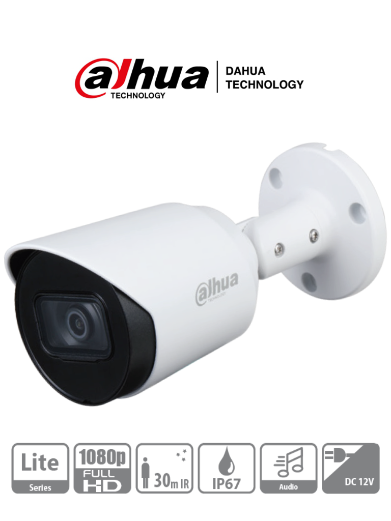 DAHUA HAC-HFW1200T-A - Cámara Bullet HDCVI 1080p micrófono integrado, lente 2.8 mm, ángulo de visión de 103°, IR 30 m, IP67, carcasa metálica, DWDR, BLC, HLC. Ideal para vigilancia con alta definición y resistencia en exteriores. MCI2