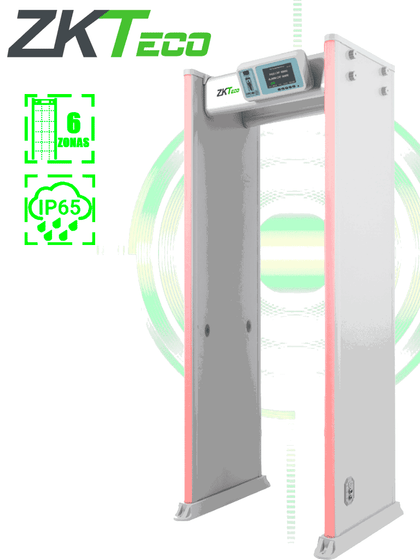 ZKTECO D4330IP65 Arco Detector de Metales con protección IP65 para semi exteriores, con 33 zonas de detección, 300 niveles de sensibilidad, pantalla HD 7, indicadores LED en ambas vistas, control remoto y batería de respaldo incluida.