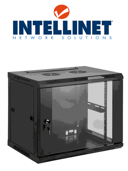INTELLINET 711814 - Gabinete mural 19 / 9UR / Color negro / para aplicaciones de montaje en rack de 19 / Carga estática máxima de 60KG / Puerta de cristal templado / 500 h x 600 w x 450 d mm