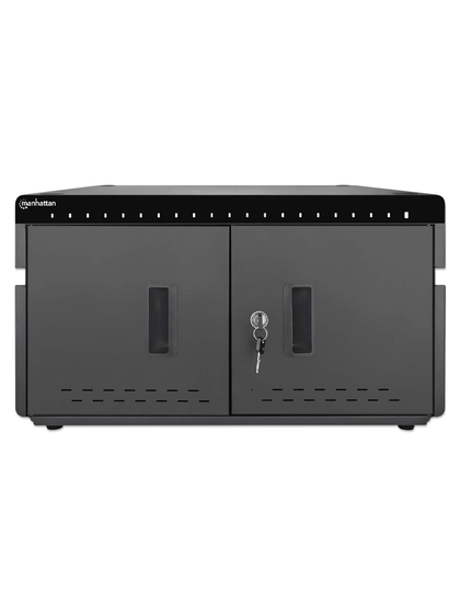 MANHATTAN - 715959 - Gabinete profesional carga 20 puertos USB-C-360 W/20 puertos, bahías teléfonos y tabletas, hasta 18 W, puerta con cerradura, protección sobretensiones, sistema ventilación integrado, carcasa metálica, escritorio, negro. PROMOMAYO