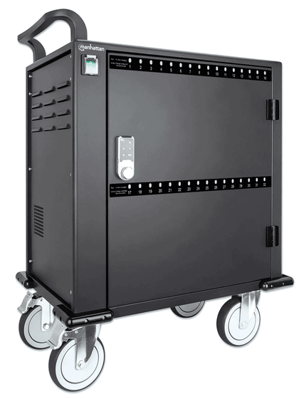MANHATTAN - 716000 - Gabinete móvil carga profesional / 32 puertos, compartimientos espaciosos teléfonos y tabletas, 576 W total, 18 W por puerto, bloqueo código PIN, protección sobretensiones, ventilación silenciosa, carcasa metal, negro PROMOMAYO