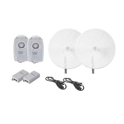 Kit de 2 radios B5X con antenasTXPD34B5X de (34 dBi), rango de frecuencia extendida (4.9 a 6.4 GHz), incluye inyector POE, cable de alimentación y para alineación, distancia de hasta 40 km