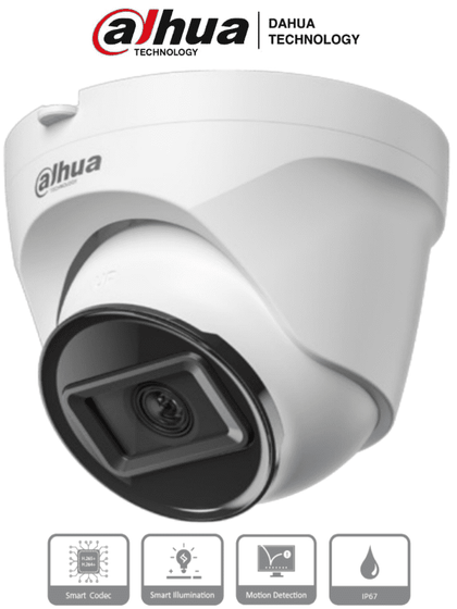 DAHUA IPC-T1E20 -Camara IP Domo de 2 MP, lente de 2.8 mm y 99° de visión. Alcance IR de 30 m, protección IP67 y alimentación PoE. Funciones avanzadas: DWDR, 3D NR, HLC, BLC y compresión H.265+ Ideal para videovigilancia confiableSwitchD1VolDH