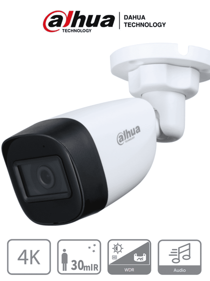 DAHUA HAC-HFW1801CN-A-0280B-S2 - Cámara Bullet 4k con Micrófono Integrado/ 8 Megapixeles/ Lente de 2.8 mm/ 106 Grados de Apertura/ 30 Metros de IR/ WDR Real de 120 dB/ Soporta: CVI/TVI/AHD/CVBS/ ProHDCVI