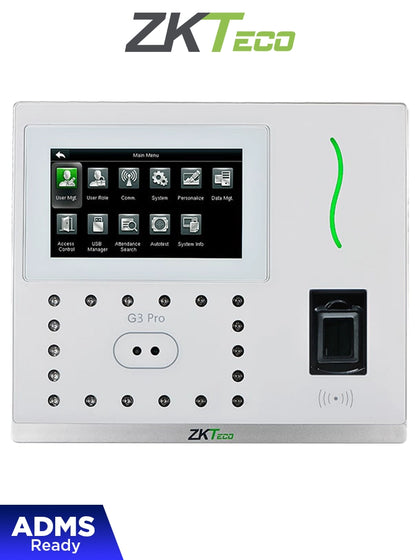 ZKTECO G3PRO - Control de Asistencia y Acceso Básico con Autenticación Facial 12000 Rostros, Huella Digital BioID+ 20000, Tarjeta ID 125 KHz 20000, Verificación Palma 6000, Registro de 200,000 Eventos, Green Label y TCP/IP HD8 ZK9 CM1 MCI2