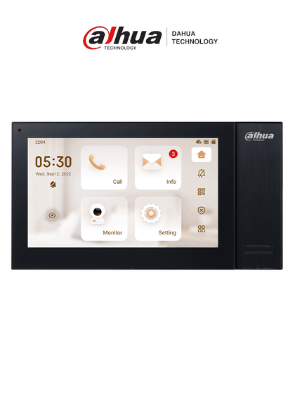 DAHUA VTH2421FB-P - Monitor IP táctil de 7 Serie Pro, con 8GB de memoria embebida, PoE estándar, ranura MicroSD, soporta llamada grupal, videos, mensajes, 6 entradas/salidas de alarma, y hasta 9 monitores adicionales. VDP