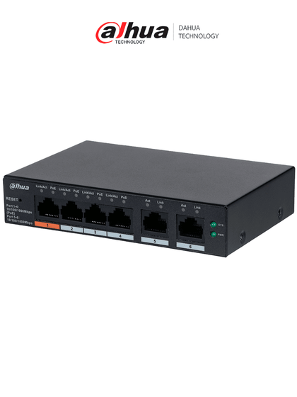 DAHUA CS4006-4GT-60 - Switch PoE de 6 Puertos Gigabit/ 4 Puertos PoE 10/100/1000/ 2 Puertos Uplink 10/100/1000/ 60 Watts Totales/ Administrable en la Nube por DoLynk Care/ PoE Hasta 250 Metros/ Carcasa Metalica/ Switching 12 Gbps MCI2 RMM