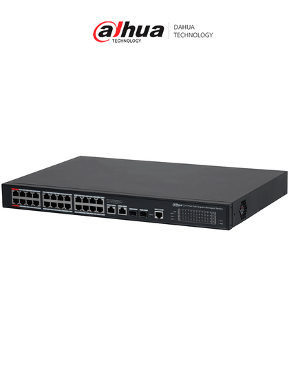 DAHUA DH-S4228-24GT-240 Switch PoE Gigabit Administrable con 24 puertos PoE, ideal para transmisión de larga distancia hasta 250 m, perfecto para redes de Capa 2 REM