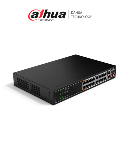 DAHUA SF1018LP - Switch PoE de 18 Puertos/ 135 Watts Totales/ 16 Puertos PoE 10/100/ 2 Puertos Uplink 10/100/1000/ Switching 7.2 Gbps/ Compatible con Standares:IEEE802.3af; IEEE802.3at; Hi-PoE/ PoE Hasta 250 Metros/ LoNuevo