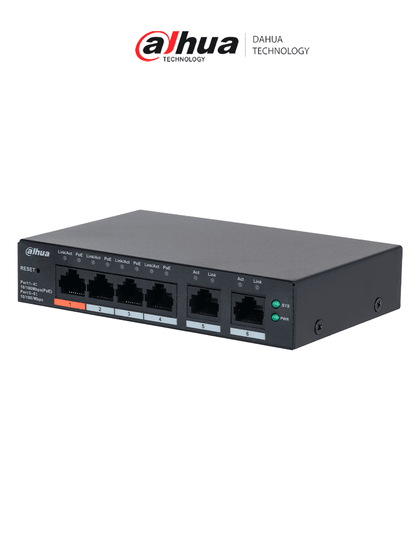 DAHUA DH-CS4006-4ET2ET-60 - Switch PoE de 6 Puertos Administrable con 4 PoE 10/100 Mbps y 2 uplink 10/100 Mbps. Total de 65 W PoE, administración en la nube con DoLynk Care, carcasa metálica robusta, ideal para redes IP.LoNuevo