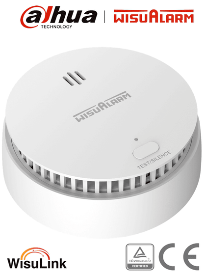 DAHUA WISUALARM DHI-HY-SA30A-R8-Detector de Humo InalámbricoInterconectable Hasta 24 Disp Sensor Fotoeléctrico, Sonido de Alarma de 85dB, Alarma Visual y Audible, Batería Sellada de hasta 10años, Certificaciones TÜV and CE LoNuevo Wisualarm MCI1 WR