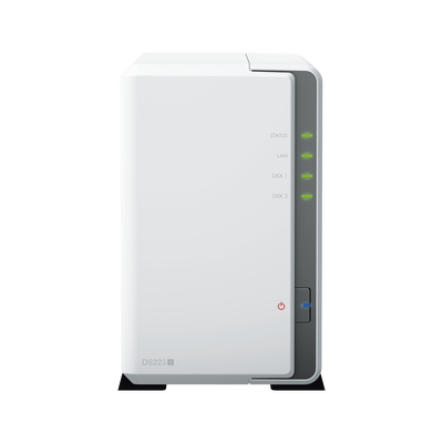 NAS DiskStation DS223j | 2 Bahías | CPU Realtek RTD1619B 1.7 GHz | 1 GB DDR4 | Puerto 1GbE RJ-45 | USB 3.2 Gen 1 | Compatible con HDD y SSD | Synology DSM | RAID 0, 1, JBOD | SMB, AFP, NFS, FTP | Vigilancia IP