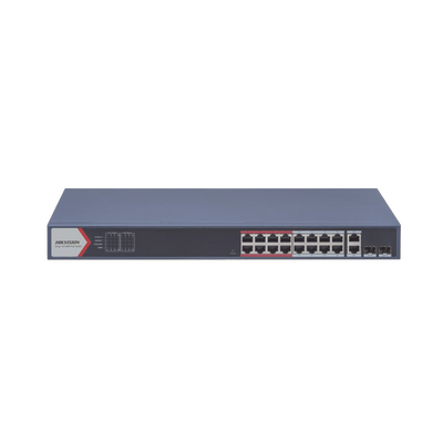 Switch PoE+ / Monitoreable / 16 puertos 10/100 Mbps PoE+ / 2 Puertos 1000 Mbps Uplink / 2 Puertos SFP de Uplink / Configuración Nube Hik-Partner Pro / Modo Extendido hasta 300 metros / 230 W