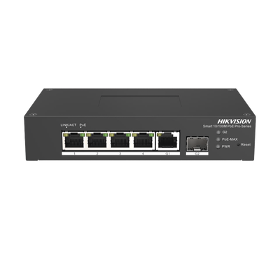 Switch PoE+ Industrial de Escritorio / Administrable / 4 Puertos 10/100 Mbps PoE+ / 1 Puerto 1000 Mbps Uplink / 1 Puertos SFP / Configuración Nube Hik-PartnerPro / Modo Extendido hasta 300 Metros / 60 Watts
