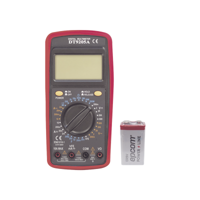 KIT Multímetro Digital DT9205A 600 Vcc / Vca CATII, con Pantalla LCD. Incluye Batería ER-9V de 9V