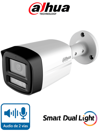 DAHUA HAC-HFW1200TLM-IL-T- Cámara Bullet de 2 Megapíxeles/ Lente de 2.8 mm Apertura de Hasta 111°/ Audio Bidireccional/ Iluminador Dual Inteligente Hasta 40m/ Metal + Plastico/ LoNuevo
