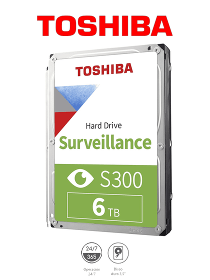 TOSHIBA HDWT860UZSVA - Disco Duro de 6 TB, Serie S300 especial para videovigilancia, ideal para trabajo 24/7, interfaz SATA 3.5, 5400 rpm, 128 MB, hasta 64 cámarasMARTOS