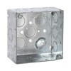 Caja Cuadrada Galvanizada de 4 x 4, profundidad de 2 1/8. Cuenta con 10 KO de 1/2 y 6 TKO (1/2 - 3/4))