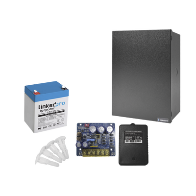 Kit con fuente PLB3 con salida de 12 Vcc a 4 Amper, incluye transformador y batería de 12 V a 5.5 Amper