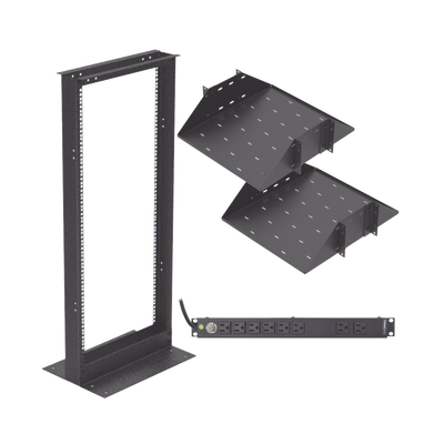 Kit de Rack Estándar 19, 24 UR con 2 Charolas y PDU (8 tomas). Ideal para UPS y Servidores tipo Torre.