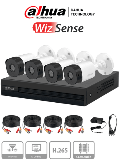 DAHUA KITXVR1B04-I1MP-2.8 - Kit de 4 canales con cámaras B1A11 de 1 MP, lente de 2.8mm y ángulo de visión 93°. Soporta 4 canales más 1 IP o hasta 5 canales IP, tecnología SMD Plus, búsqueda de humanos y vehículos DAHQ1M LF DVM VolDH DA5