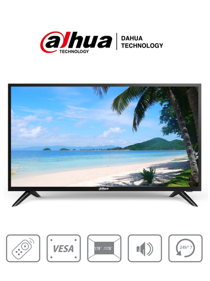 DAHUA DHI-LM32-F200 - Pantalla FHD de 32 pulgadas con resolución 1920×1080, diseñada para uso 24/7. Ofrece 240 cd/m² de brillo, entradas HDMI, VGA, USB, altavoces integrados y control remoto. ProAccesorios MCI2 ACMD