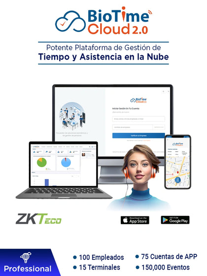 ZKTECO BIOTIMECLOUDPROFESSIONAL - Licencia de Asistencia en la Nube para 100 Empleados, 15 Terminales, 150,000 Eventos y 75 Cuentas de App, Suscripción por un Año BC2
