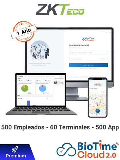 ZKTECO BIOTIMECLOUDPREMIUM - Licencia de Asistencia en la Nube para 500 Empleados, 60 Terminales, 750,000 Eventos y 500 Cuentas de App, Suscripción por un Año BC2