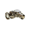 Adaptador en Ángulo Recto, de Conector BNC Macho a BNC Hembra, 50 Ohm (Monitor), Níquel/ Plata/ Teflón.