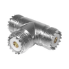 Adaptador en forma T, de Conector UHF Hembra (SO-239) a Doble Conector UHF Hembra, Níquel/ Plata/ Delrin.