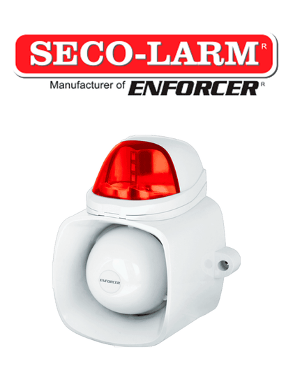 Seco-Larm SH816SSMQR- Sirena autónoma de 115 dB con altavoz de 20W con entrada de audio para emisión de mensajes y grabacion de audio MP3 / WAV IP65. estrobo roja.