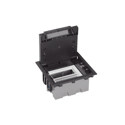 Caja Para Instalación en Pavimento para Voz, Datos o Contactos Eléctricos / Capacidad para 2 Módulos / Espacio Embellecedor en la Tapa / Profundidad Ajustable de 90 a 120 mm / Los Módulos se Adquieren Aparte / Incluye Registro