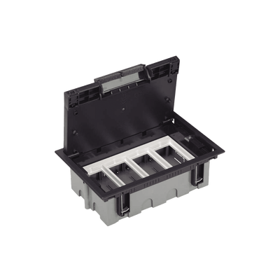 Caja Para Instalación en Pavimento para Voz, Datos o Contactos Eléctricos / Capacidad para 4 Módulos / Espacio Embellecedor en la Tapa / Profundidad Ajustable de 90 a 120 mm / Los Módulos se Adquieren Aparte / Incluye Registro