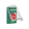 Botón Multipropósito, Color Verde, De Superficie, Con Tapa De Policarbonato, Con Bocina Pre Alarma, Solo Interior, Llave Para Restablecer, Texto De Emergencia, Español