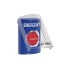 Botón Multipropósito, Color Azul, De Superficie, Con Tapa De Policarbonato, Con Bocina Pre Alarma, Para Interior, Llave Para Restablecer, Texto De Emergencia, Ingles