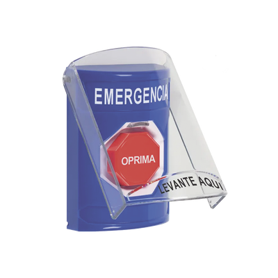 Botón Multipropósito, Color Azul, De Superficie, Con Tapa De Policarbonato, Con Bocina Pre Alarma, Solo Interior, Llave Para Restablecer, Texto De Emergencia, Español