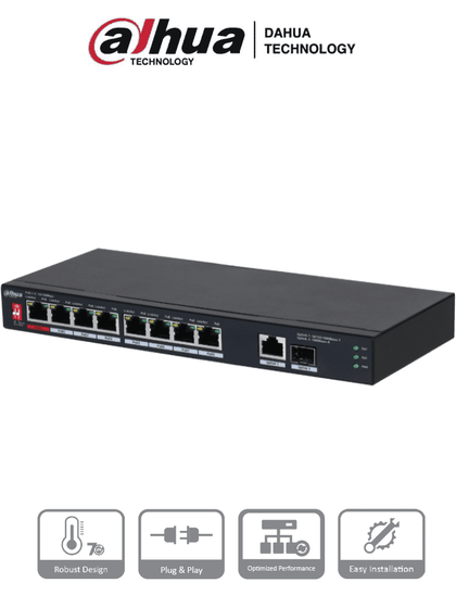 DAHUA PFS3110-8ET1GT1GF-96 -Switch PoE de 10 Puertos/8 Puertos Poe 10/100/1Puerto SFP de1000 Mbps/1 Puerto Uplink de 10/100/1000/ 96 Watts Totales/ Alimentación hasta 250 Mts/Soporta PoE Whatchdog/Puerto Rojo soporta IEEE 802.3bt/SwitchD2 REM MCI2 RMM