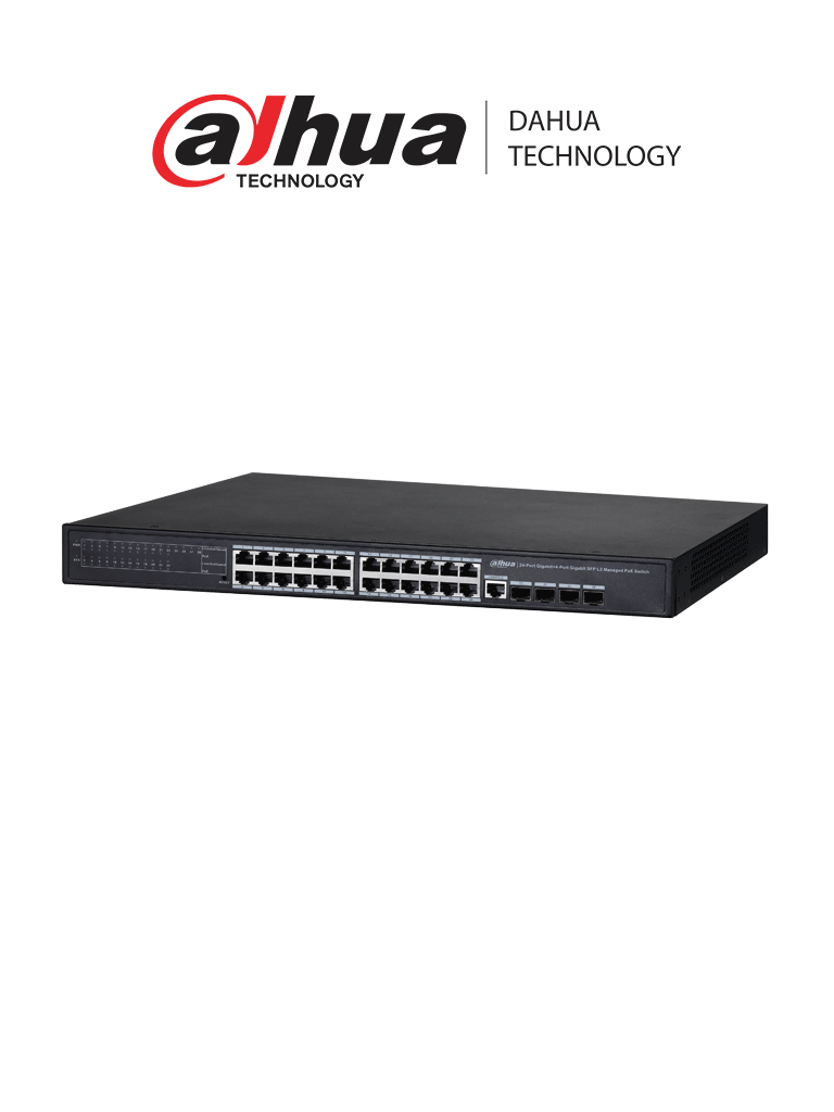 DAHUA PFS4428-24GT-370 - Switch Gigabit PoE de 24 puertos, administrable de capa 2, con 370W totales y 4 puertos SFP 1000 Base-X. Capacidad de switching de 56 Gbps, ideal para redes empresariales exigentes